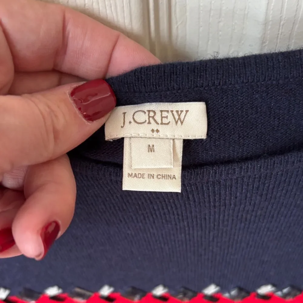 J. Crew Breton-Striped Women's Navy Red Gem Rhinestone sweater wool top Med EUC